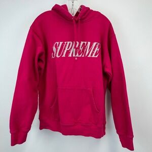 Supreme Logo Hoodie Magenta Pink Silver Glitter Spellout Sweatshirt Large Women